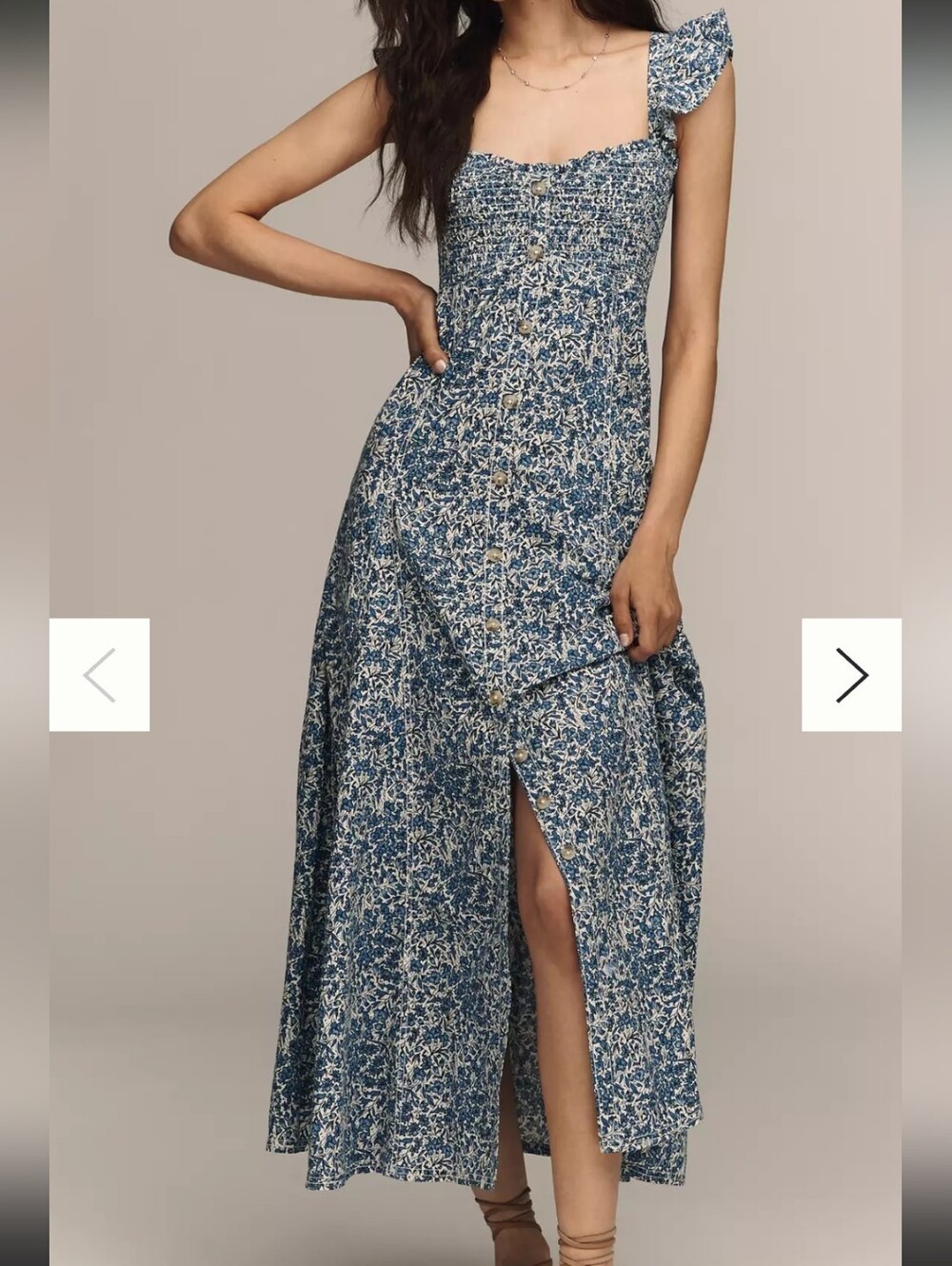 Pilcro Blue Floral Smocked Maxi with Ruffled Shoulder